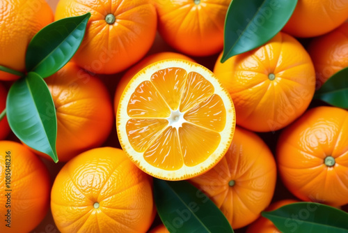 Fresh citrus fruits with oranges and tangerines on background. Orange background. photo