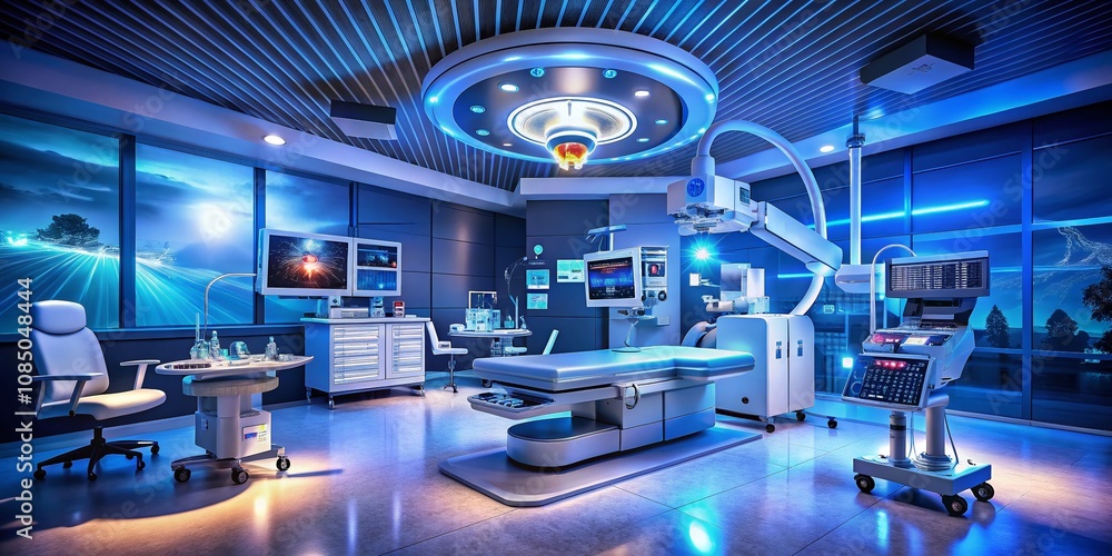 Night Photography of Advanced Medicine Technology Showcasing Laser Eye Operation Procedure for Vision Correction in a High-Tech Medical Environment Night Photography of Advanced Medicine Technology Showcasing Laser Eye Operation Procedure for Vision Correction in a High-Tech Medical Environment