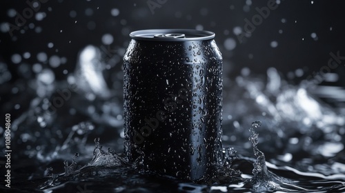 Black 330ml aluminum soda can with water splashes and ripples on a dark background, 3D illustration photo