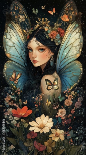 Fantasy poster art of a fairy queen with butterfly wings surrounded by flowers photo