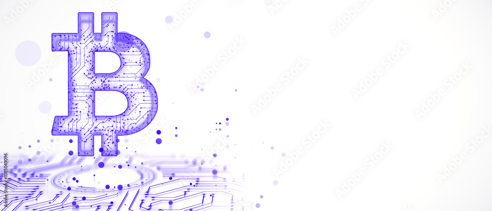 Bitcoin symbol with circuit design outlined in blue on a white background, concept of cryptocurrency and blockchain technology. 3D Rendering Bitcoin symbol with circuit design outlined in blue on a white background, concept of cryptocurrency and blockchain technology. 3D Rendering