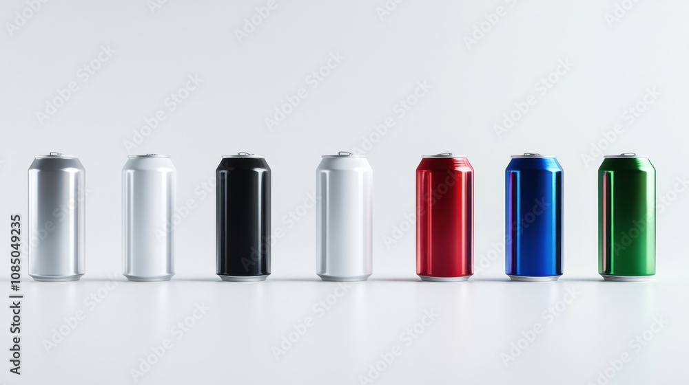 Aluminum beverage cans in silver, white, black, blue, red, and green, separated on a clean white background Aluminum beverage cans in silver, white, black, blue, red, and green, separated on a clean white background