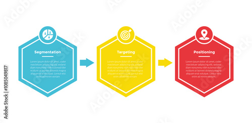 STP marketing analysis infographics template diagram with hexagon table box half circle header badge with 3 point step design for slide presentation