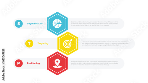 STP marketing analysis infographics template diagram with hexagon round table box outline header with 3 point step design for slide presentation