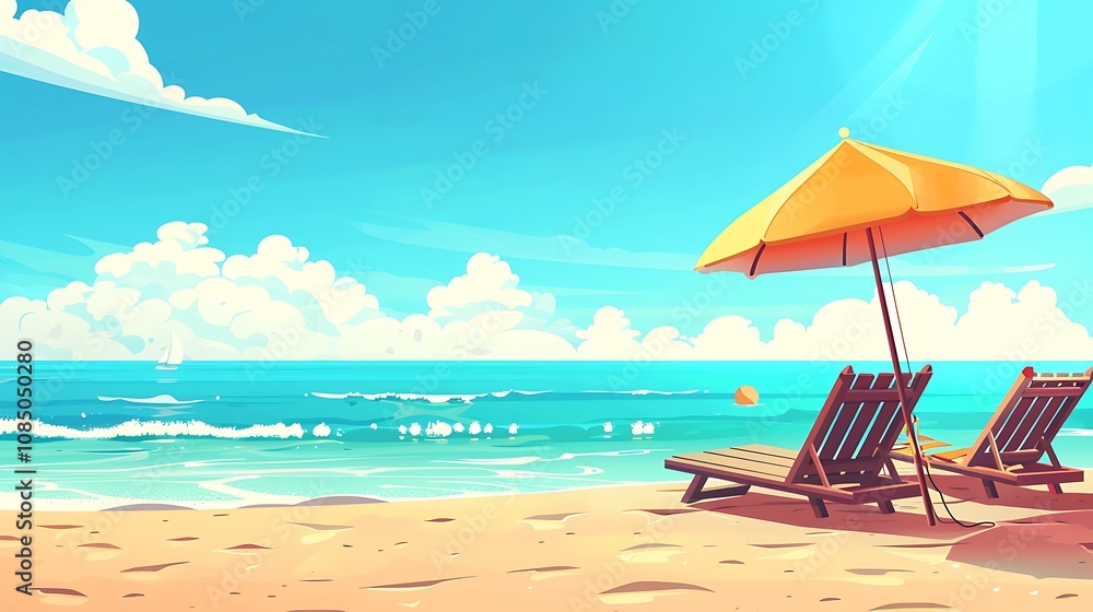 Naklejka premium A serene beach scene featuring two lounge chairs under an orange umbrella, with a clear blue sky and gentle waves.
