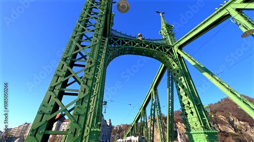 Liberty Bridge panorama and riding old tram, Budapest, Hungary