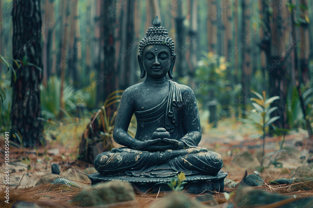Obraz premium Beautiful greeting card with ancient statue great Buddha to bright holiday composition