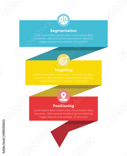 STP marketing analysis infographics template diagram with piechart progress percentage on big circle with 3 point step design for slide presentation
