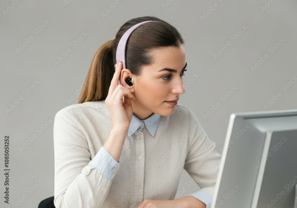 Woman Adjusting Earbuds While Working on Computer