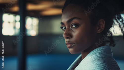 Black female Judo athletes. Martial arts athletes of East Asian origin, including Judo, Karate, and Taekwondo. Copy space. Looking at the subject with a serious or sad expression. photo