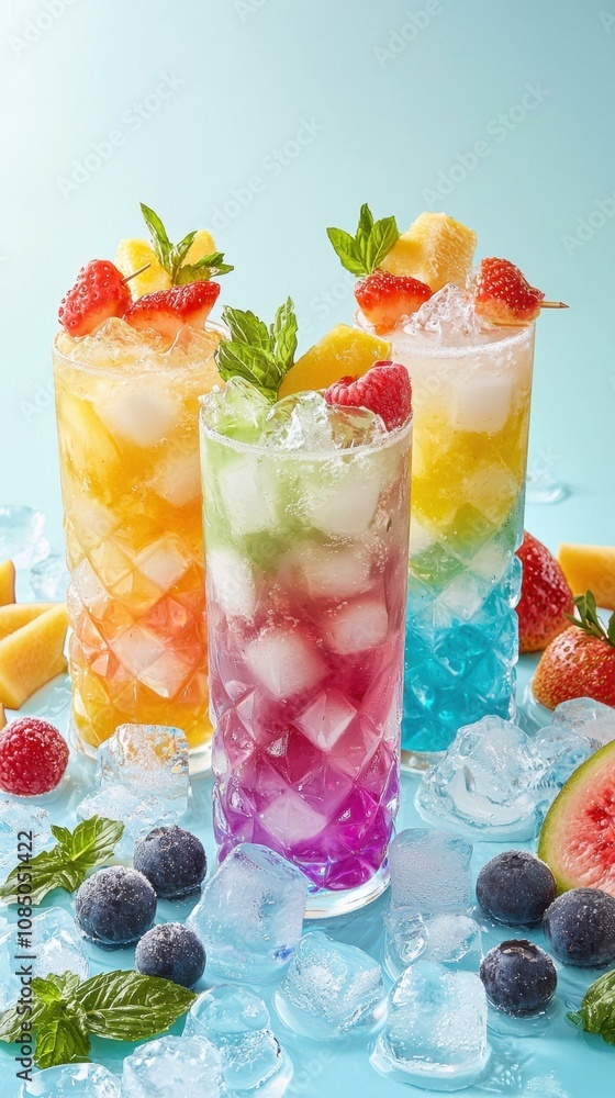 Three colorful cocktails with fruit garnishes and ice. AI. Three colorful cocktails with fruit garnishes and ice. AI.