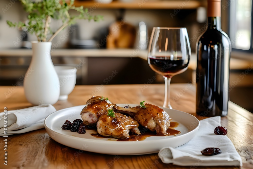 A dish of lapin aux pruneaux with rabbit in prune sauce on a modern wooden table, with wine, prunes, and decor, set in a sleek modern kitchen backdrop A dish of lapin aux pruneaux with rabbit in prune sauce on a modern wooden table, with wine, prunes, and decor, set in a sleek modern kitchen backdrop