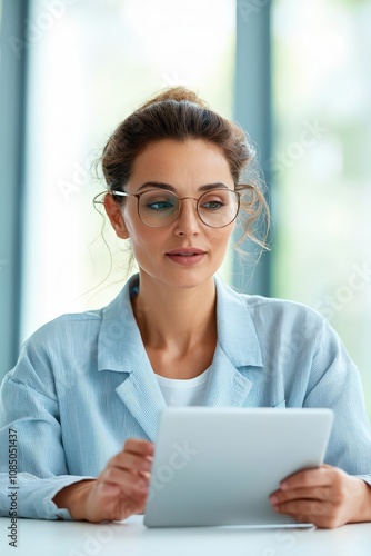 Focused Woman Using Tablet in Modern Office Setting Free Download Focused Woman Using Tablet in Modern Office Setting - GFXLoad