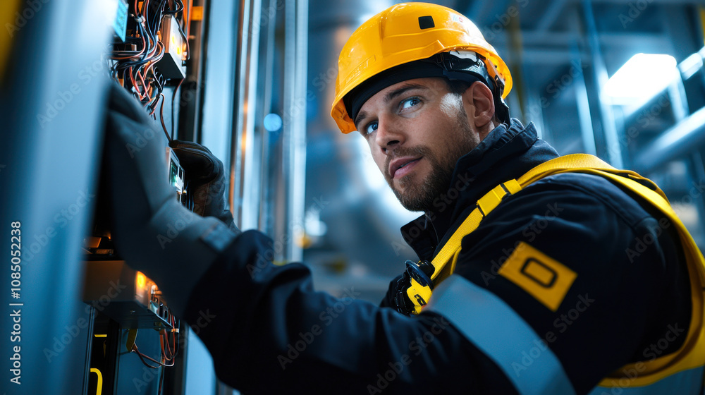 technician in safety helmet works on electrical equipment, showcasing expertise and focus in modern industrial setting technician in safety helmet works on electrical equipment, showcasing expertise and focus in modern industrial setting