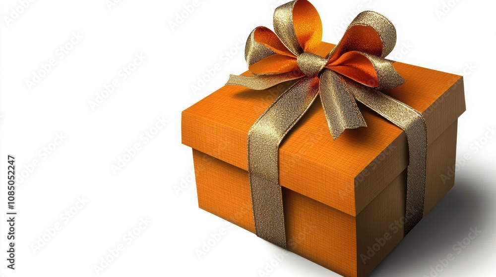 Elegant orange gift box wrapped with a shimmering golden ribbon, placed against a clean white background, perfect for celebrations. Elegant orange gift box wrapped with a shimmering golden ribbon, placed against a clean white background, perfect for celebrations.