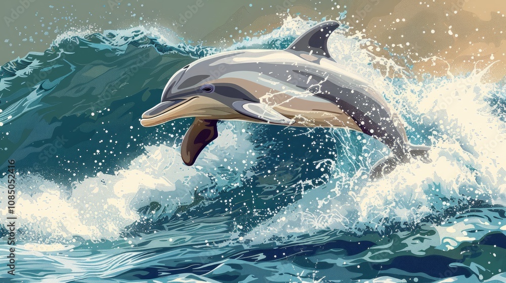 Fototapeta premium Dolphin leaping from ocean waves. (1)