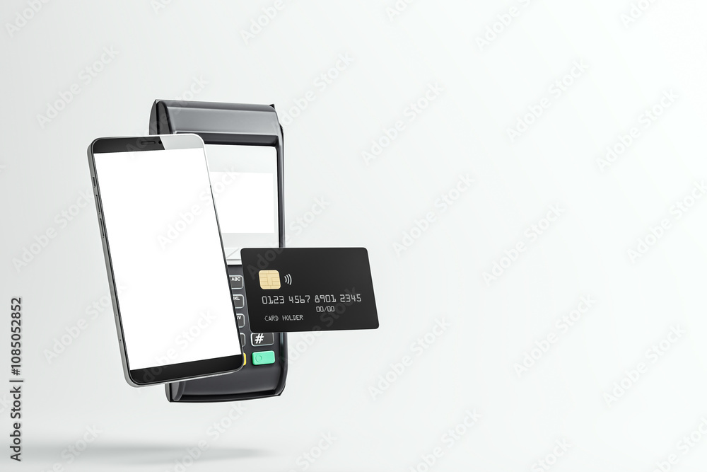 Mobile device, credit card, and card reader for contactless payment on a light background. Concept of digital financial transactions. 3D Rendering Mobile device, credit card, and card reader for contactless payment on a light background. Concept of digital financial transactions. 3D Rendering