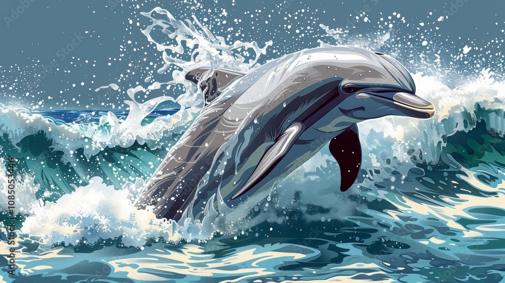 Fototapeta premium Dolphin leaping from ocean waves.