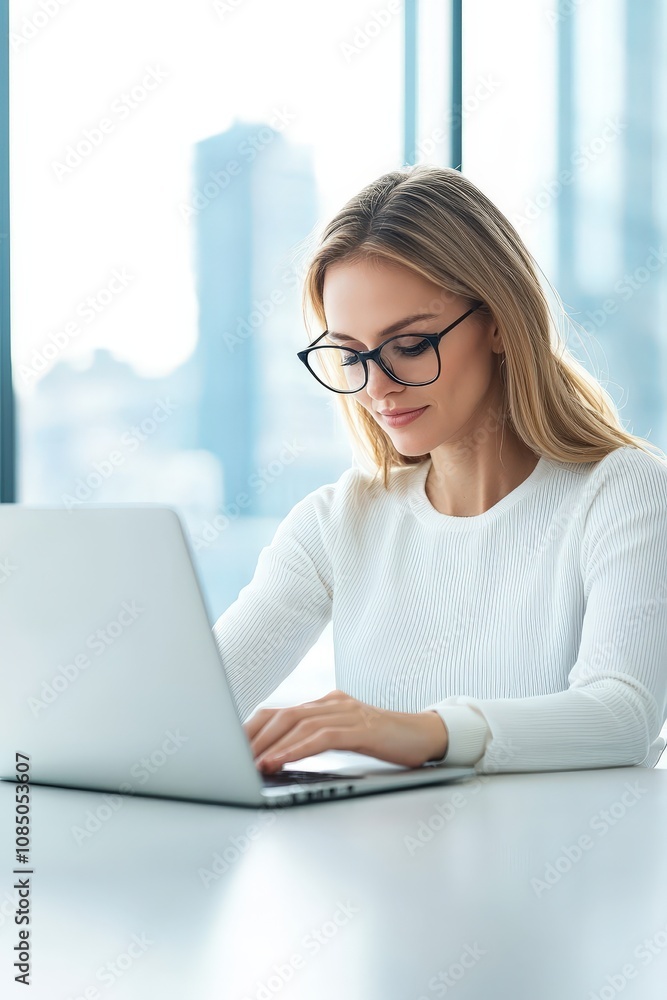 Professional Woman Working on Laptop in Modern Office Professional Woman Working on Laptop in Modern Office