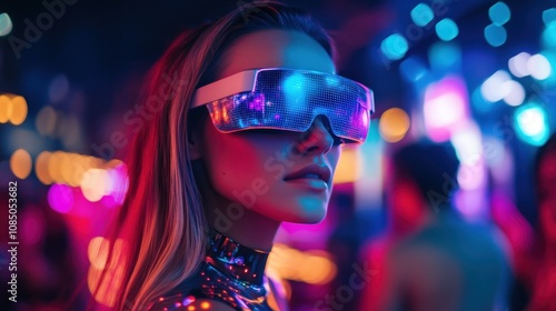 Woman with Futuristic Glasses in Neon Lights