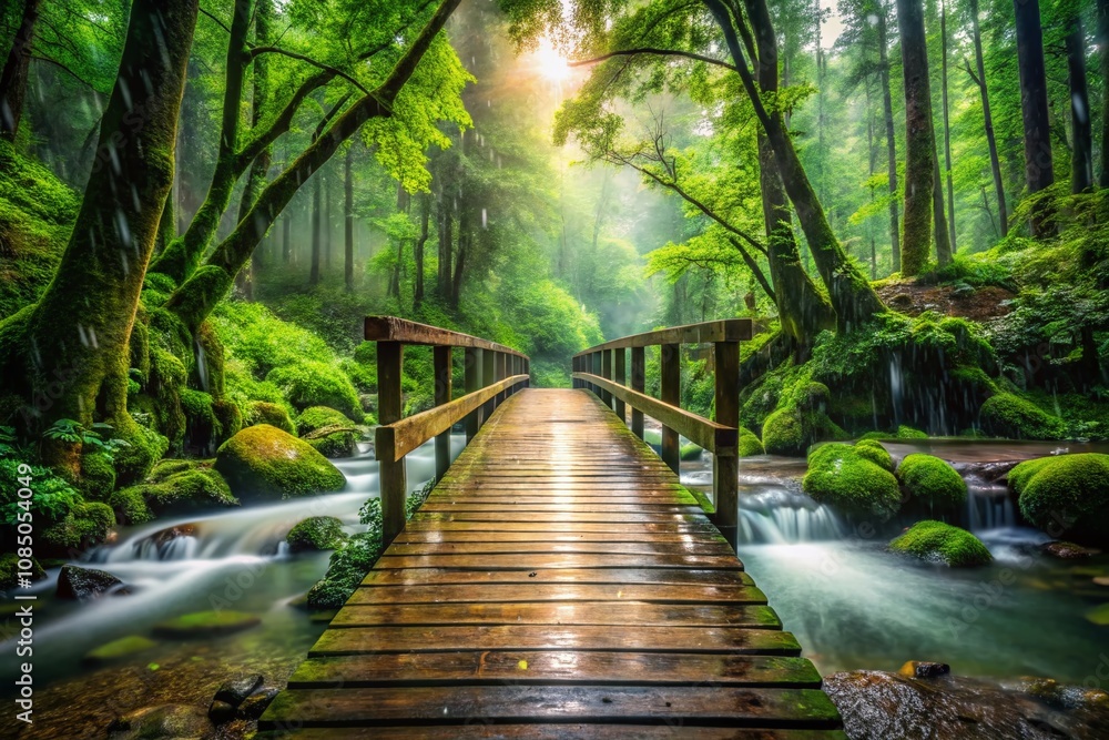 Serene Double Exposure of a Wooden Bridge Over a Stream in a Lush Green Forest with Rain Falling, Capturing Nature's Tranquility and Beauty in an Ethereal Composition Serene Double Exposure of a Wooden Bridge Over a Stream in a Lush Green Forest with Rain Falling, Capturing Nature's Tranquility and Beauty in an Ethereal Composition