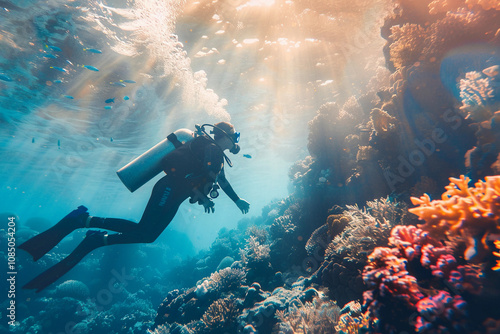 Wallpaper Mural Beautiful diver goes on an underwater adventure in frighteningly deep sea Torontodigital.ca