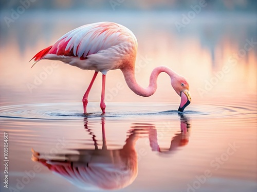 Serene Minimalist Photography of a Pink Flamingo Drinking from a Tranquil Pond, Capturing Nature's Elegance in a Simple Composition with Soft Colors and Reflections