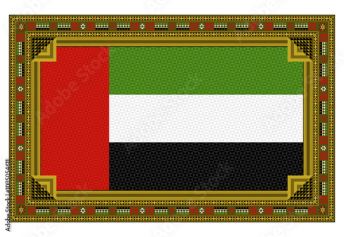 National flag decorative art, United Arab Emirates flag frame with traditional Arabic motifs and style.