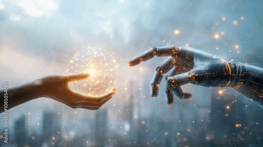 Reaching light with a robotic and human hand touching fingers Reaching light with a robotic and human hand touching fingers
