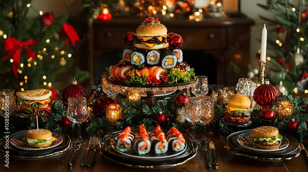 Festive Holiday Feast with Gourmet Burger, Sushi, and Colorful Decorations on a Beautifully Set Table Surrounded by Christmas Cheer and Twinkling Lights Festive Holiday Feast with Gourmet Burger, Sushi, and Colorful Decorations on a Beautifully Set Table Surrounded by Christmas Cheer and Twinkling Lights