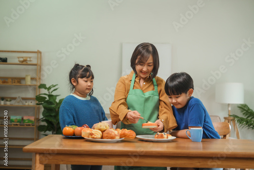 A mother and her children prepare fresh bread, milk, and fruits for breakfast, enjoying a productive and joyful morning together, creating a healthy and nourishing start to their day