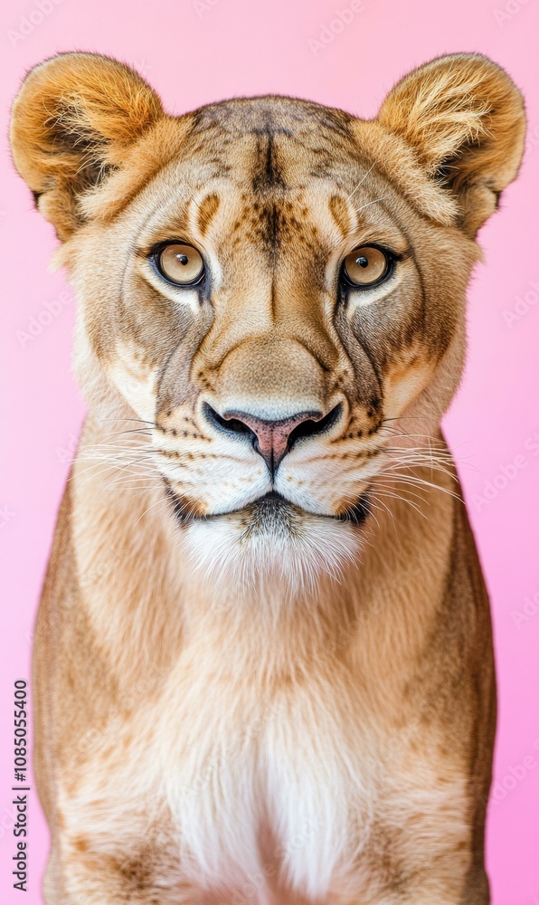 Lioness portrait against a pink background. AI. Lioness portrait against a pink background. AI.