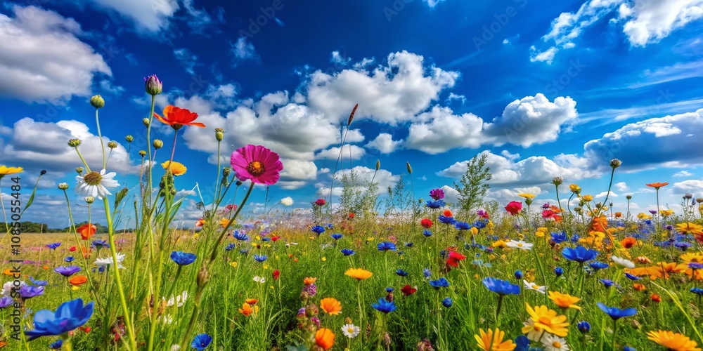 Serene Vibrant Wildflower Meadow Under a Clear Blue Sky Capturing Nature's Beauty in a Minimalist Aesthetic Serene Vibrant Wildflower Meadow Under a Clear Blue Sky Capturing Nature's Beauty in a Minimalist Aesthetic