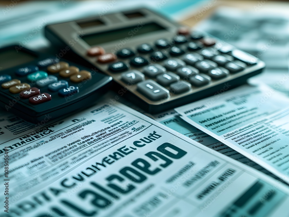 A workspace with calculators and financial documents for accounting tasks. A workspace with calculators and financial documents for accounting tasks.