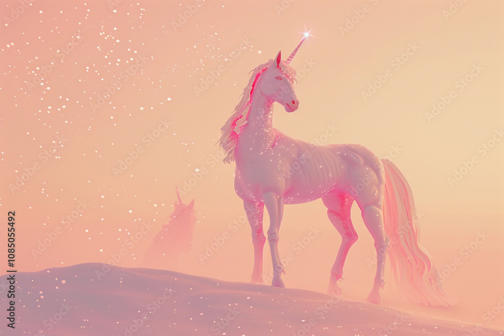 Naklejka premium Fantastically beautiful mythological pink unicorn with long horn