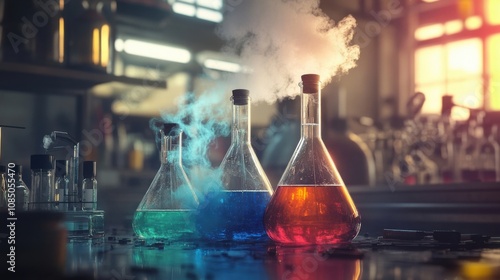 Laboratory scene with colorful liquids in glass flasks and smoke rising