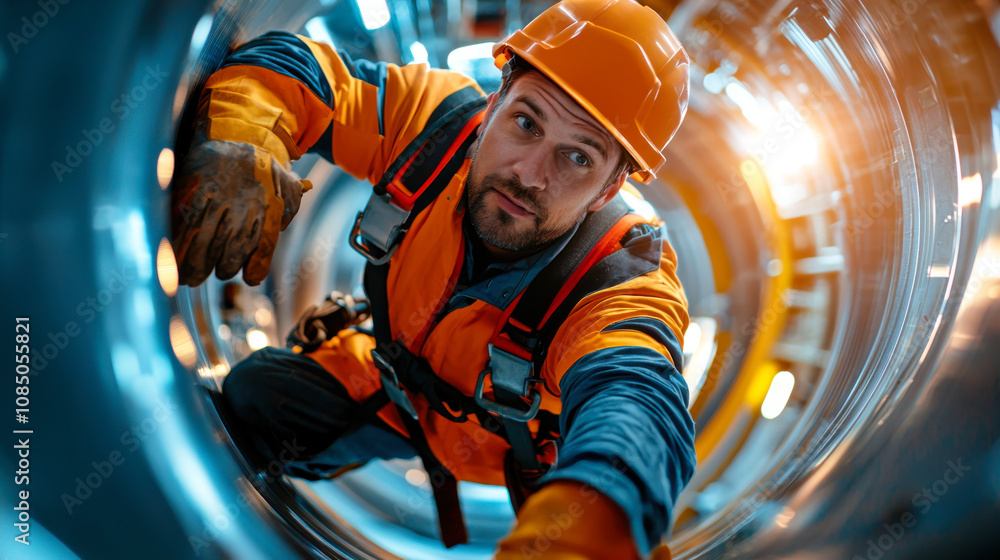 technician in orange and blue uniform climbs inside large turbine, showcasing determination and focus. Safety gear is worn, emphasizing importance of safety in industrial work technician in orange and blue uniform climbs inside large turbine, showcasing determination and focus. Safety gear is worn, emphasizing importance of safety in industrial work