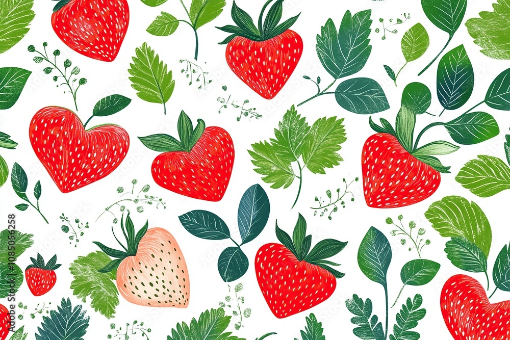 Seamless strawberry pattern with green leaves. Hand drawn heart shaped strawberries on white background. Cute sketch illustration. Seamless strawberry pattern with green leaves. Hand drawn heart shaped strawberries on white background. Cute sketch illustration.