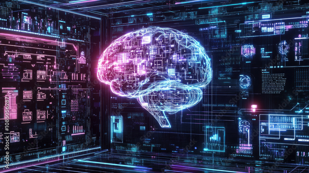 The glowing image of the brain in the human head, a concept of artificial intelligence The glowing image of the brain in the human head, a concept of artificial intelligence