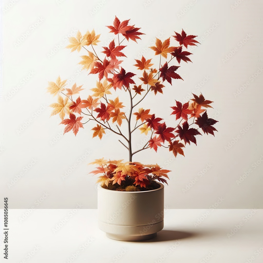 Fototapeta premium decorative maple in a thanksgiving pot with yellow-orange dark red leaves on white background