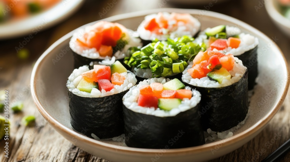 A bowl of deconstructed sushi rolls with fresh toppings served on a wooden table A bowl of deconstructed sushi rolls with fresh toppings served on a wooden table