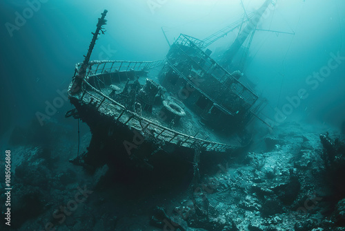 Underwater view of an sunken ship on seabed with fish swimming around