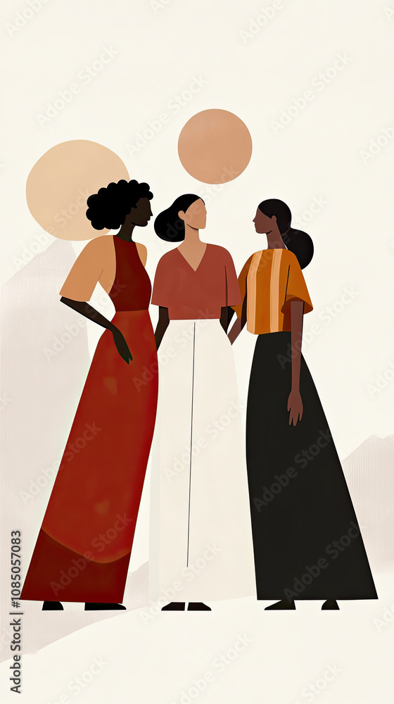 custom made wallpaper toronto digitalThree women in friendly pose, diverse races, minimalist art