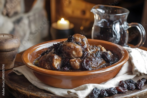 A terracotta plate of lapin aux pruneaux with tender rabbit in prune sauce on a wooden table, surrounded by prunes, napkin, tumbler, jug, in a cozy French tavern photo