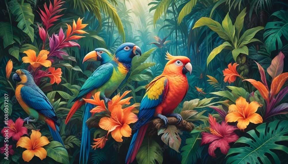 Tropical exotic pattern with animal and flowers in bright colors and lush vegetationn Tropical exotic pattern with animal and flowers in bright colors and lush vegetationn