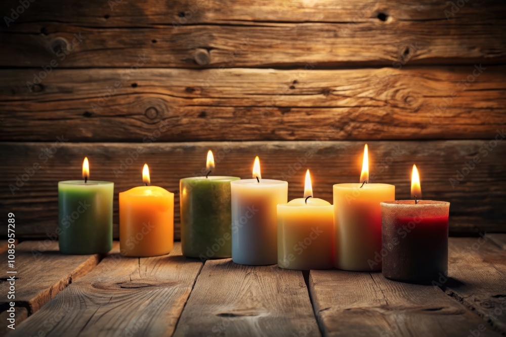 A Serene Display of Colorful Candles on a Rustic Wooden Table Creating a Cozy and Inviting Atmosphere for Relaxation and Mindfulness in Minimalist Photography Style A Serene Display of Colorful Candles on a Rustic Wooden Table Creating a Cozy and Inviting Atmosphere for Relaxation and Mindfulness in Minimalist Photography Style
