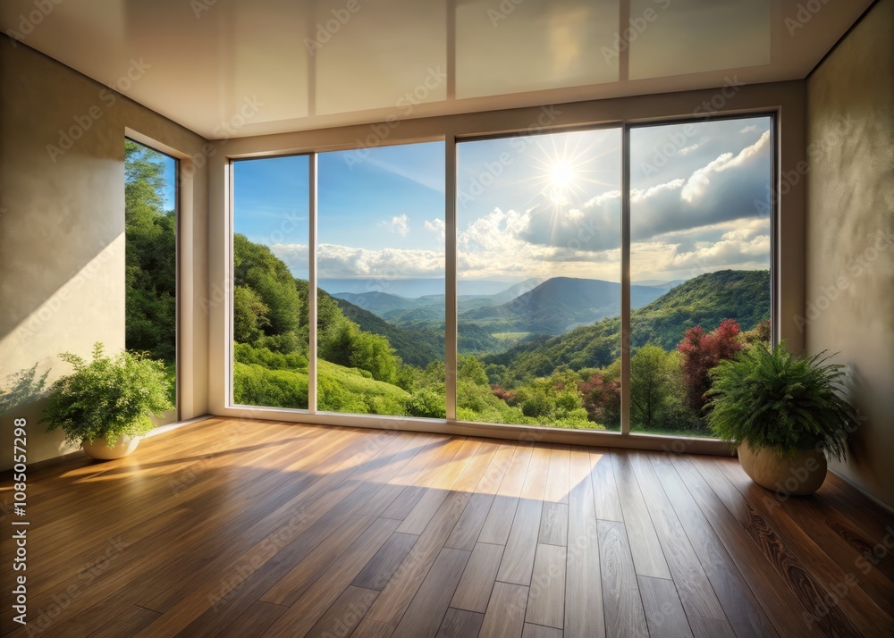 A Serene Empty Room with a Large Window Overlooking a Tranquil Landscape, Bathed in Natural Light, Inviting Peaceful Reflections and Minimalist Decor for a Calming Atmosphere A Serene Empty Room with a Large Window Overlooking a Tranquil Landscape, Bathed in Natural Light, Inviting Peaceful Reflections and Minimalist Decor for a Calming Atmosphere