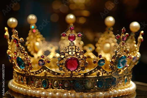 Fantastic beautiful king or queen crown from gold material for coronation