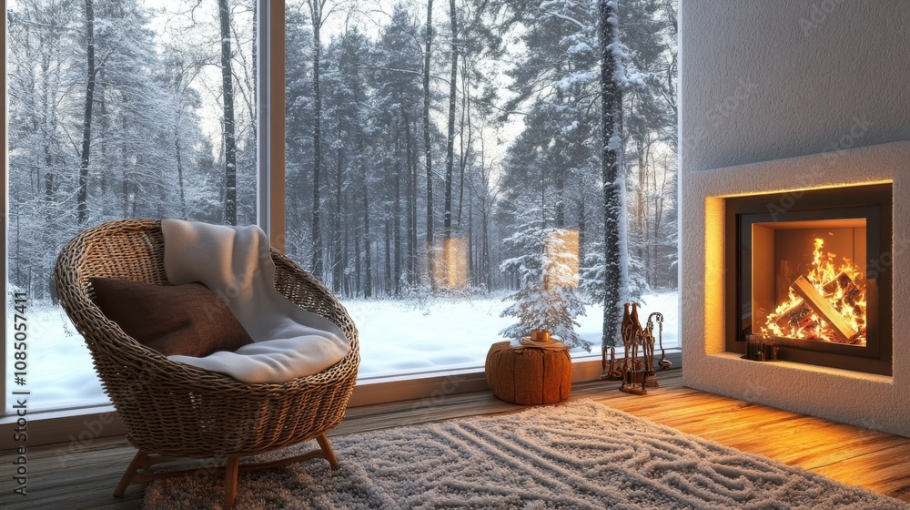 A cozy living room with a wicker chair near a fireplace and snowy trees outside A cozy living room with a wicker chair near a fireplace and snowy trees outside