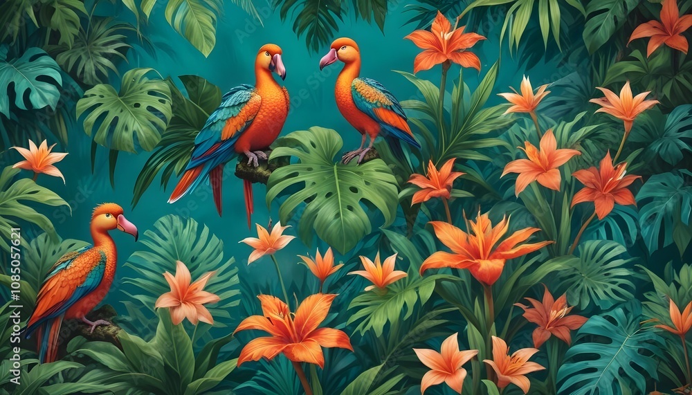 Tropical exotic pattern with animal and flowers in bright colors and lush vegetationn Tropical exotic pattern with animal and flowers in bright colors and lush vegetationn